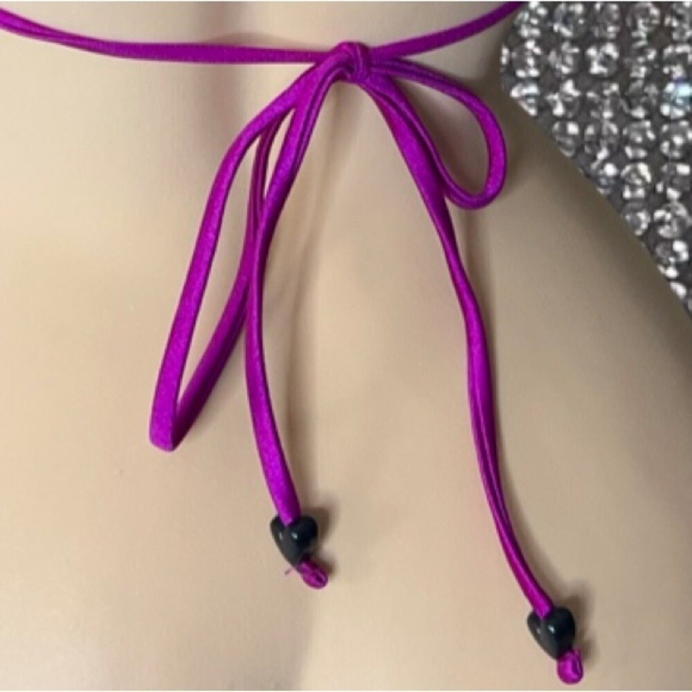 Bikini top hearts stripes Metallic shiny shimmer material white black purple - Picture 3 of 4